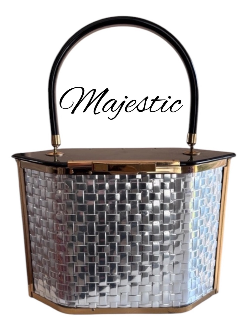 Vintage Black Lucite & Silver Metal Basket Weave Bag